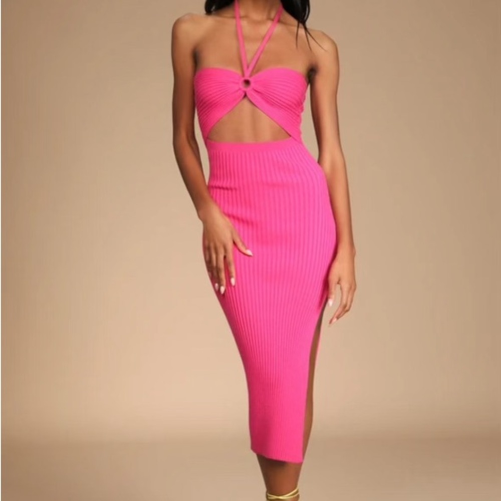 NWT Lulus Leading the Trends Hot Pink Ribbed Knit Cutout Halter Midi Dress